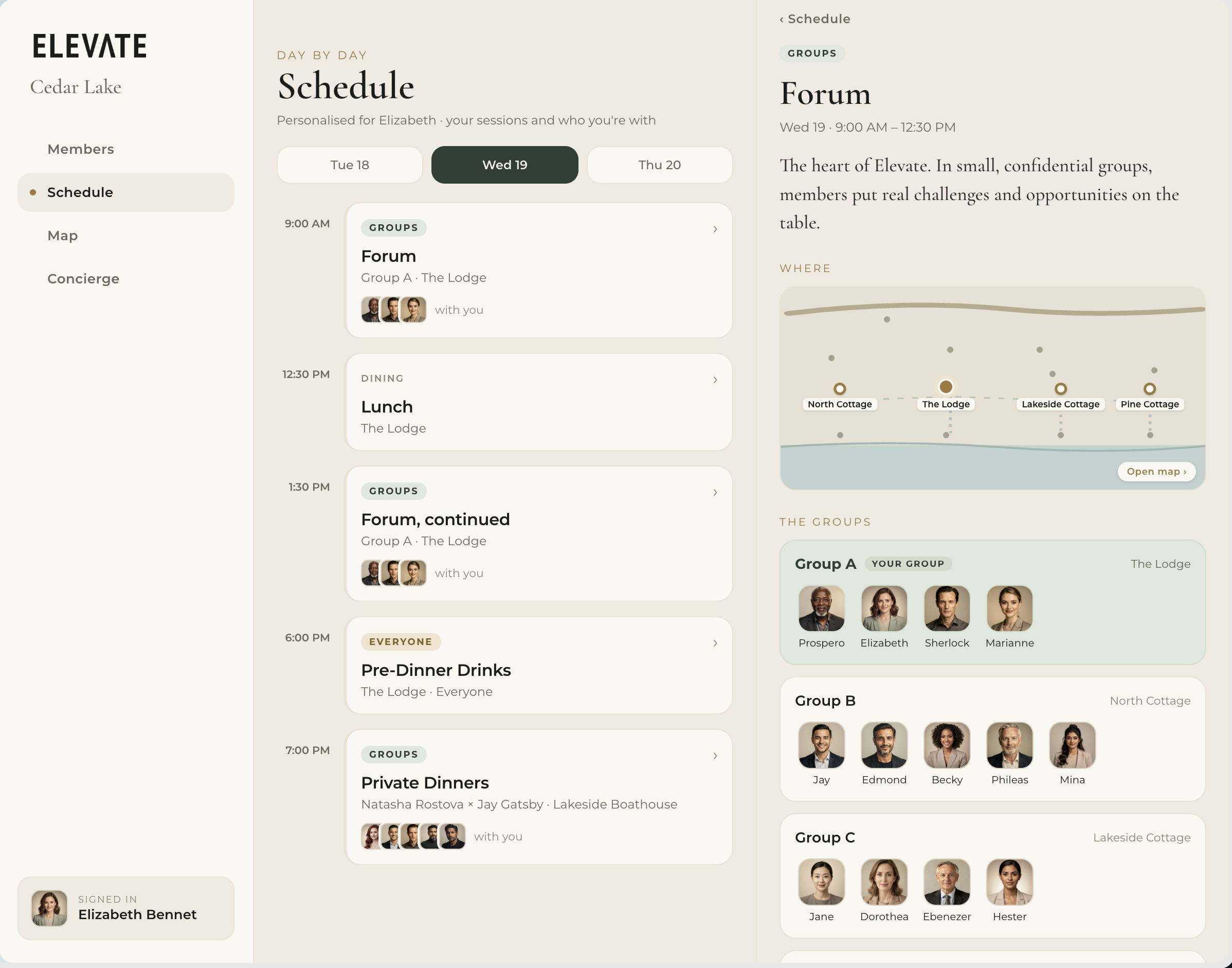 Elevate retreat companion — personalised schedule